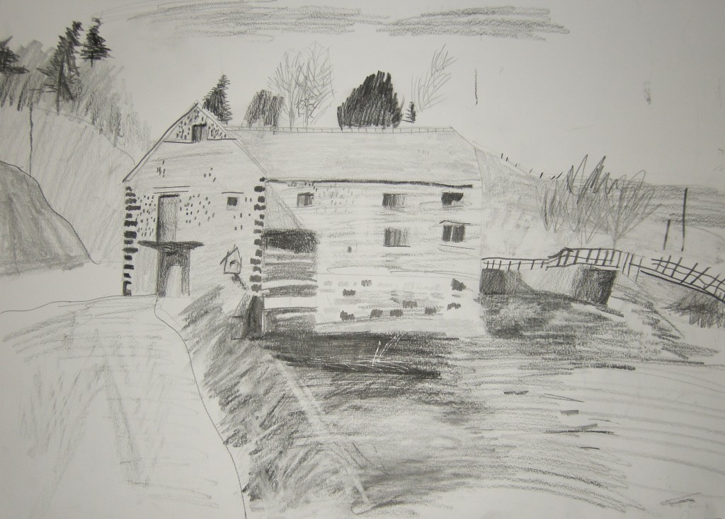 Desen in creion "O casa in fata lacului"